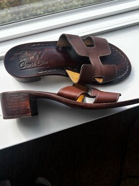 Brown Leather Wood Heeled Sandals